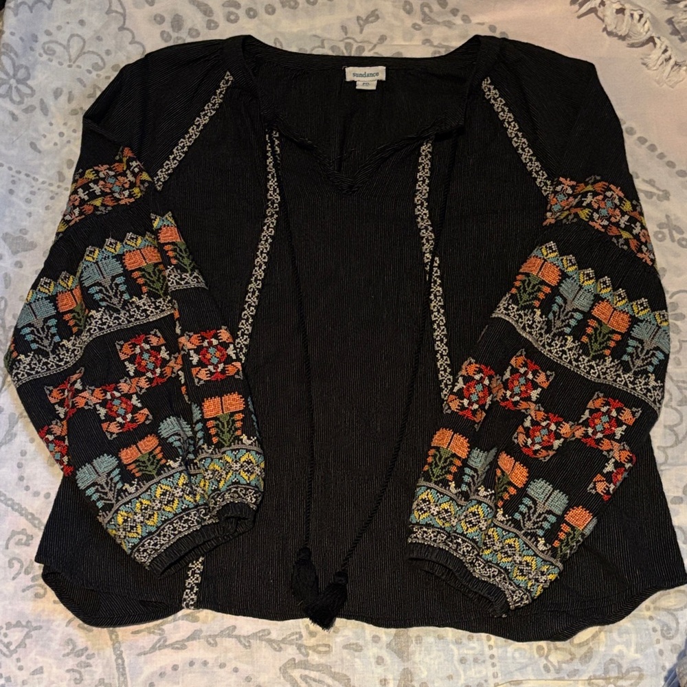 SUNDANCE A Tale of Stories Embroidered Long Sleeve Blouse Sz XL Petite